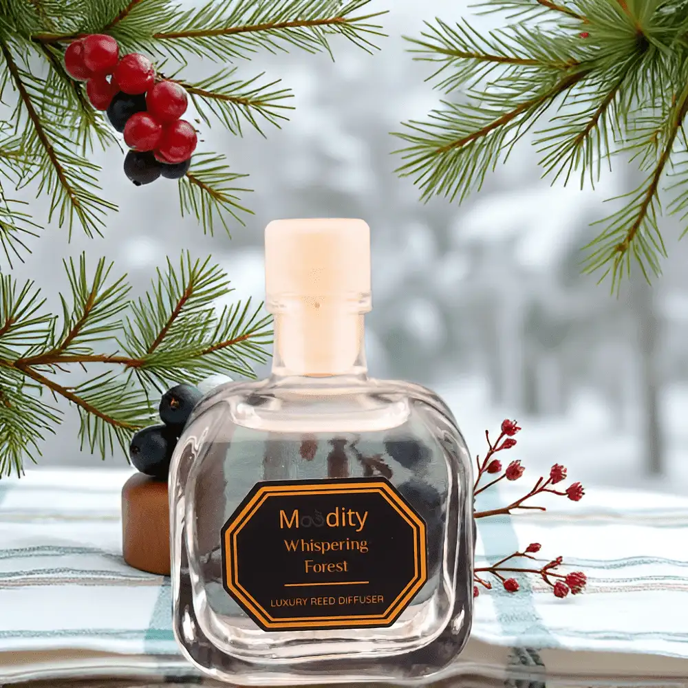 „Whispering Forest“ 100 ml namų kvapas su lazdelėmis elegantiškoje stiklinėje talpykloje, pagamintas Lietuvoje iš ekologiškos bazės, sukuria prabangų ir natūralų aromatą jūsų erdvėje.